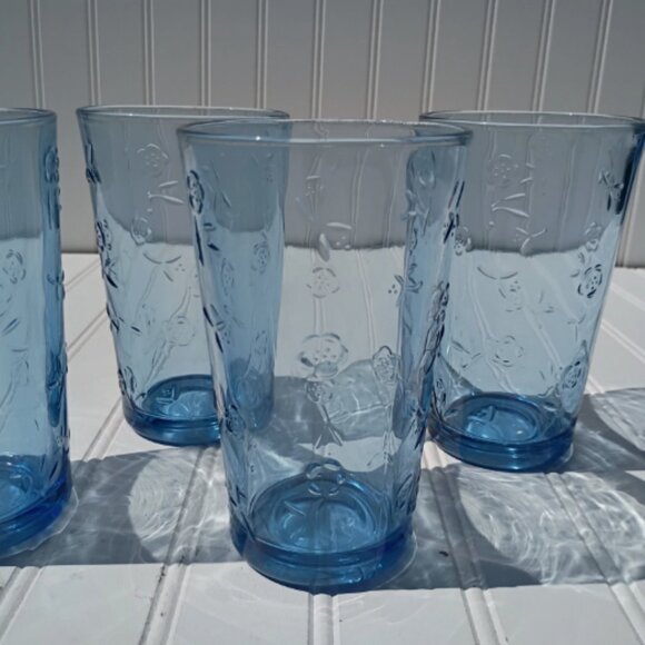 Anchor Hocking Savannah Tumblers Blue Drinking Glasses Etched Flowers SET OF 4 - Picture 5 of 15